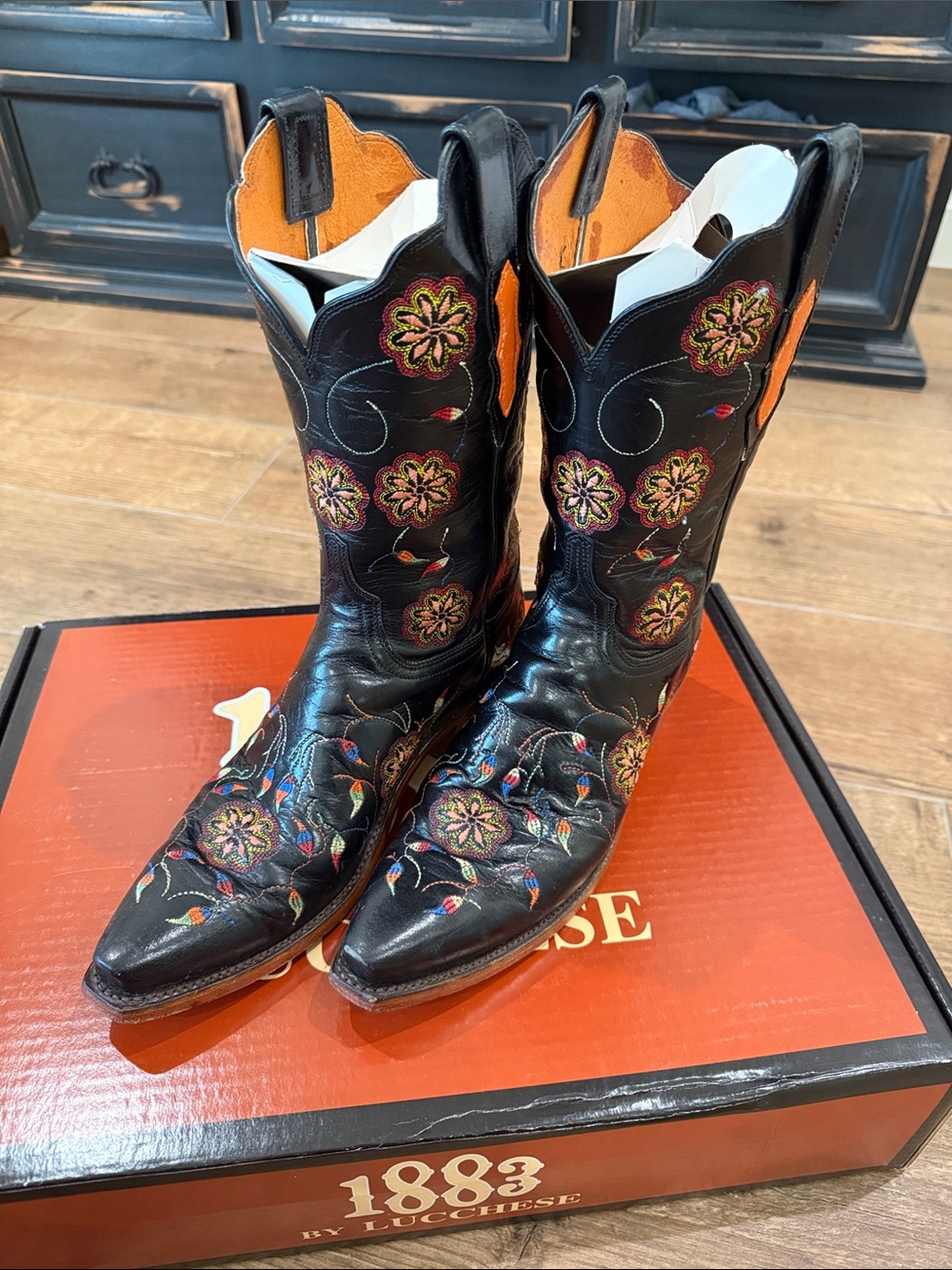 Lucchese Black Floral Embroidered Western Boots with Orange Lining